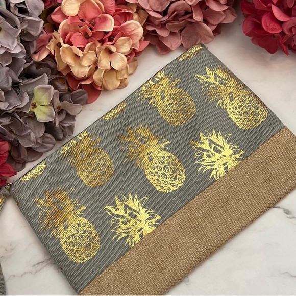 Grayish Blue & Metallic Gold Pineapple Makeup Cosmetic Wristlet Clutch Bag - Picture 2 of 11